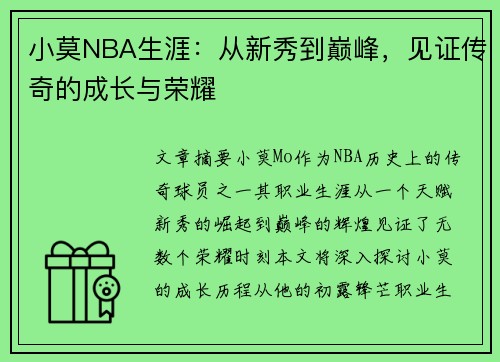 小莫NBA生涯：从新秀到巅峰，见证传奇的成长与荣耀
